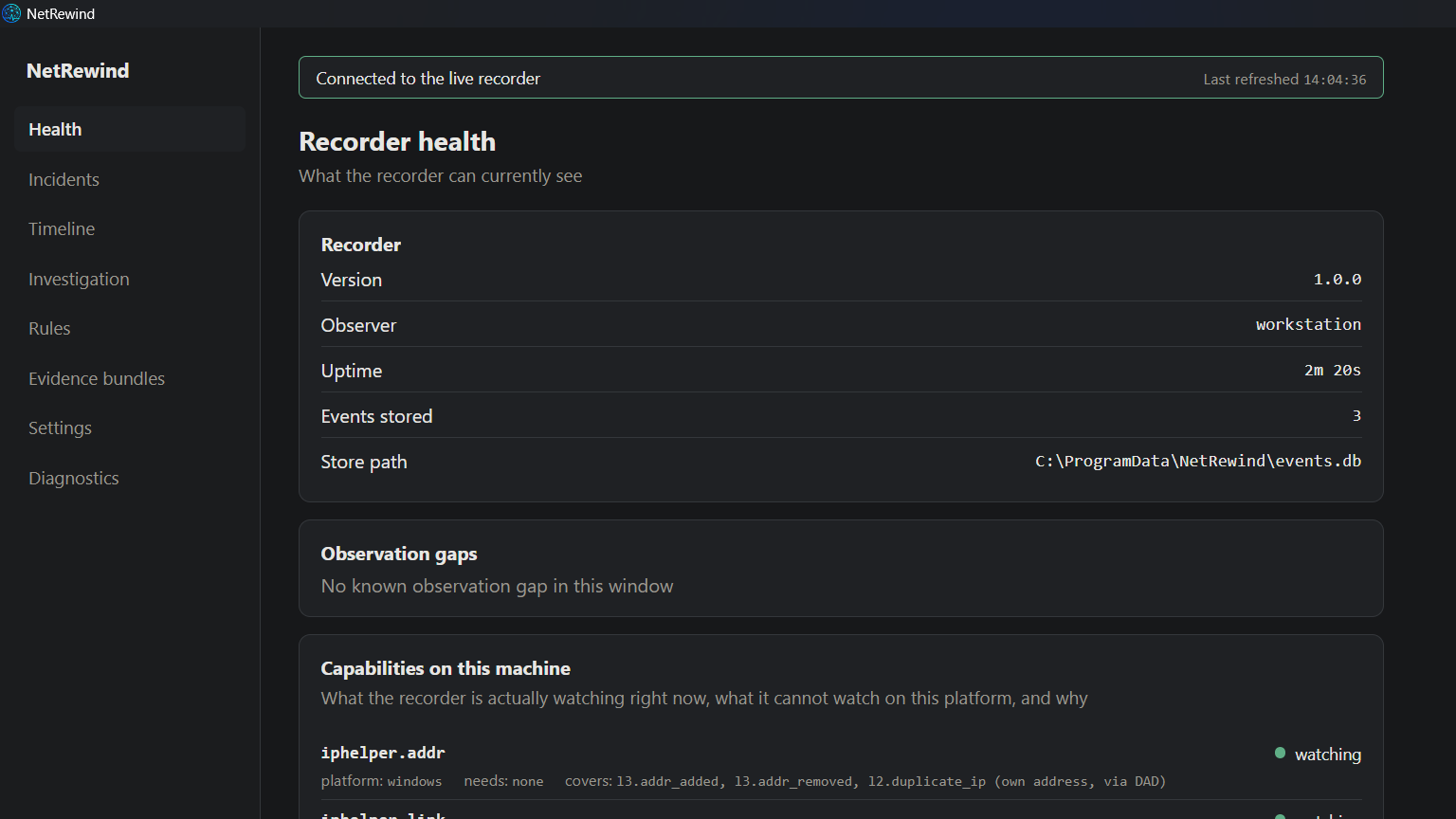 The Health page of the NetRewind desktop viewer, connected to a live recorder, showing version 1.0.0 and the capability report.