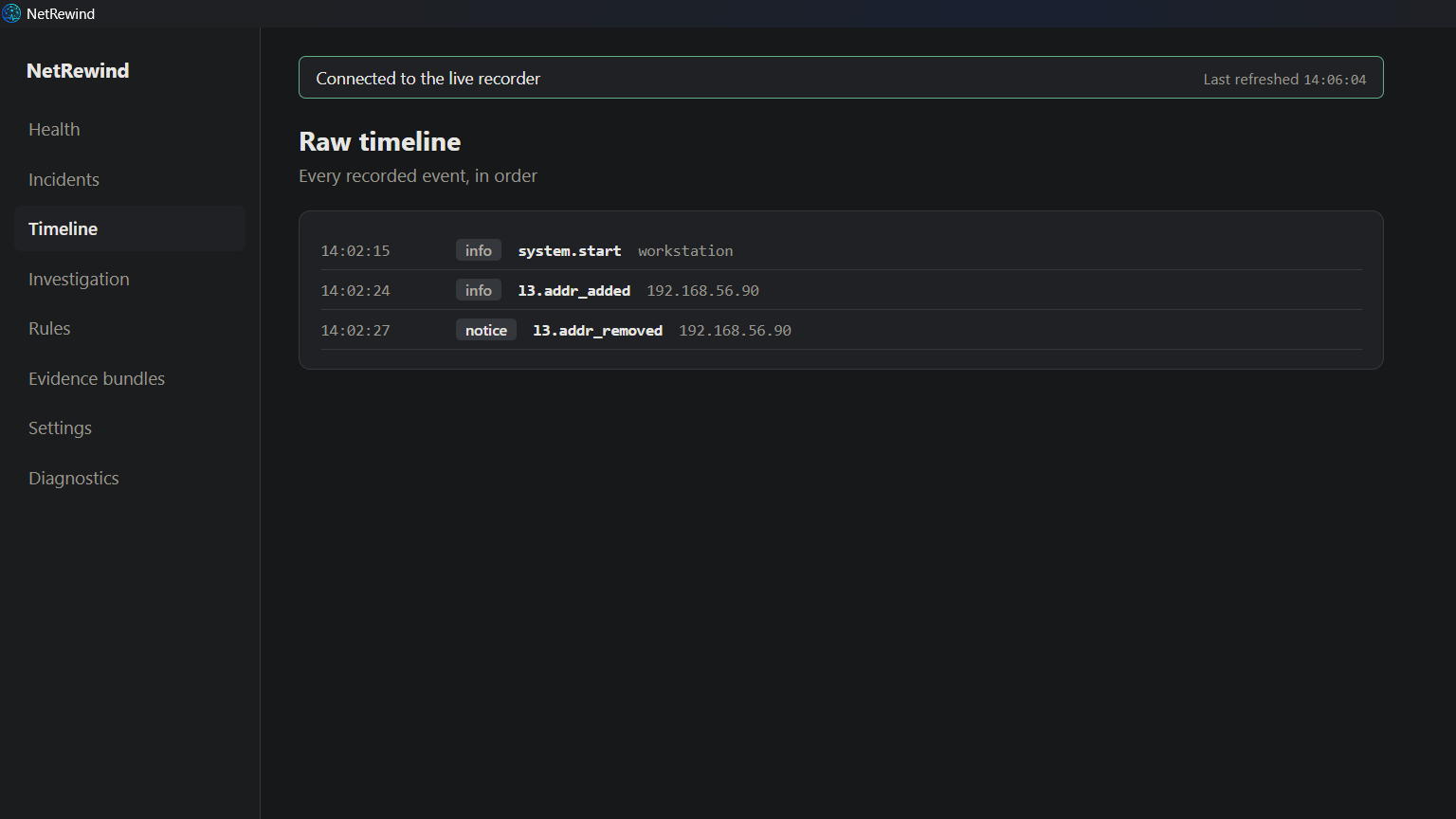 The raw timeline, a list of recorded network state changes in order.