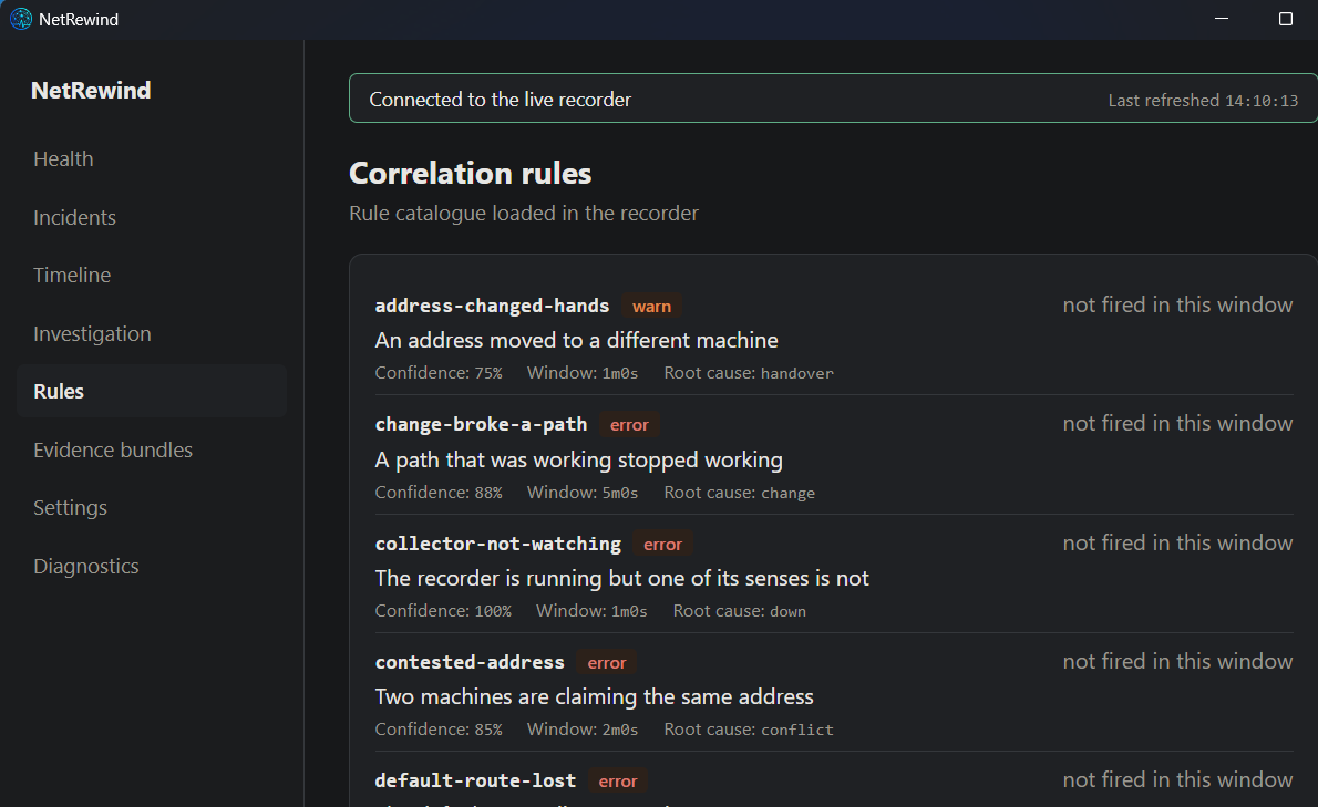 The correlation-rule catalogue loaded in the recorder, each rule with a confidence and a root cause.