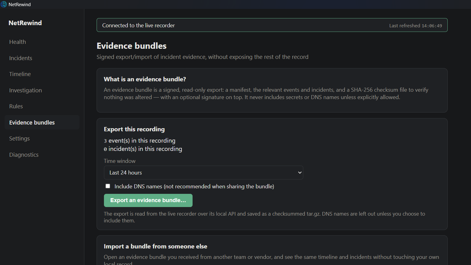 The Evidence bundles page: export a signed, checksummed window of the record, or import one.