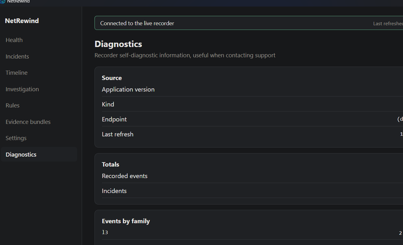 The Diagnostics page: source, endpoint, totals, and events by family.