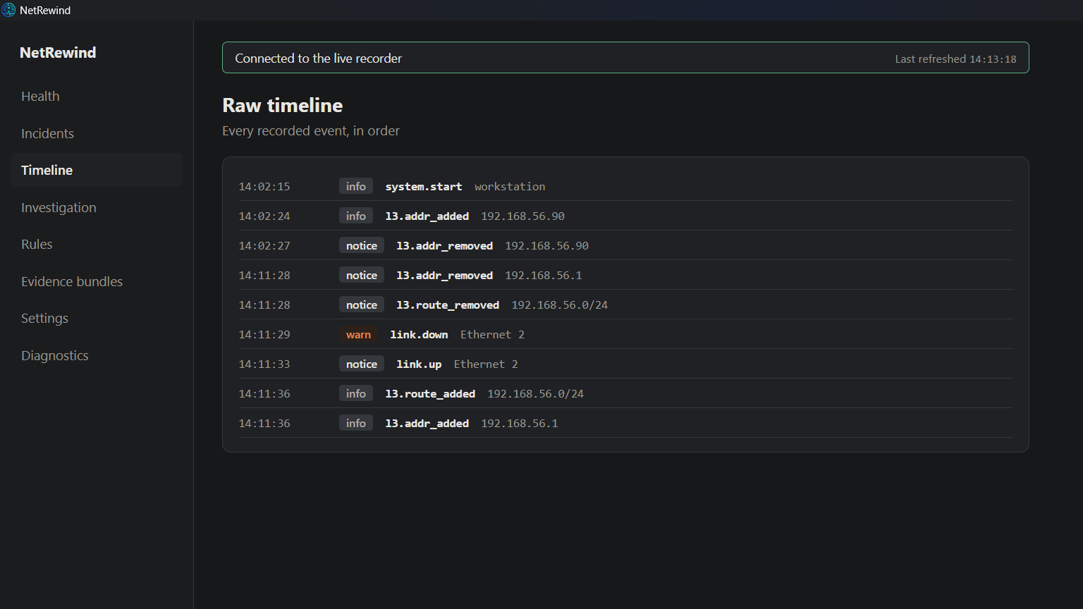 The timeline during the fault: repeated link down and link up, and the address and route that left and returned.