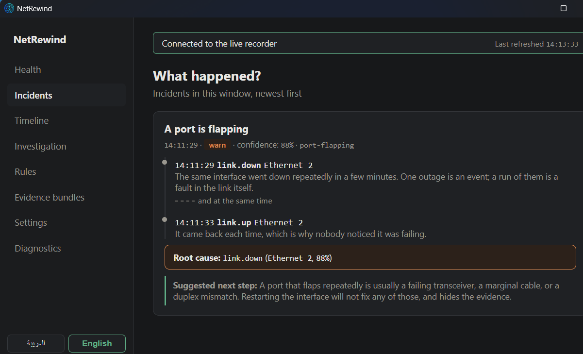 The incident view: “A port is flapping”, 88% confidence, with the causal chain, root cause and suggested next step.